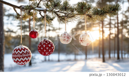 Christmas ornament pine branch snow winter decoration red white sunlight forest hanging festive holiday seasonal nature outdoor cold celebration Christmas ornament pine branch snow winter decoration red white sunlight forest hanging festive holiday seasonal nature outdoor cold celebration 130843012