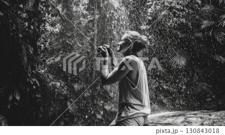 Woman joyfully photographing waterfall in lush forest, captured in black and white with water droplets falling around her 130843018