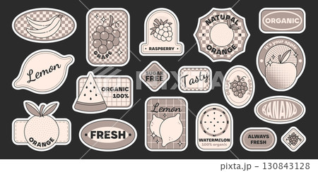 Monochrome fruit stickers set isolated on black Monochrome fruit stickers set isolated on black 130843128