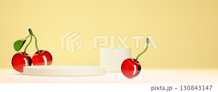 Glossy glass cherry fruits with cream podium Glossy glass cherry fruits with cream podium 130843147