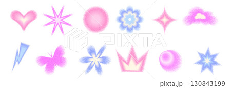 Grain gradient shapes. Dots geometric figures set. Y2k retro circle with flower forms. Colorful butterfly, crown icons on white background. Trendy effect with stippling texture. Vector illustration 130843199