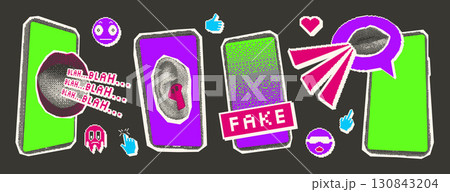 Fake news halftone elements set. Phone with human parts of face concepts. Collage with pixel art and magazine cutouts. Retro icons collection. Vector stickers isolated on dark background 130843204