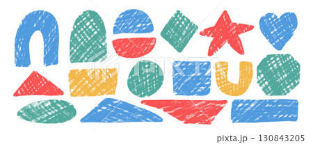 Crayon kids geometric shape set. Naive colorful text boxes frames. Arch, semicircles and triangle figures. Vector hand drawn stickers shapes. Handmade callouts figures illustration 130843205