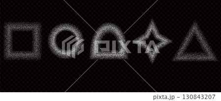 Scatters powder geometric shapes frames. Sugar dust in triangle, circle shapes on dark background. White noise gradient arch and twinkle. Flying baking flour top view borders vector illustration 130843207