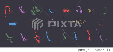 Colorful paint liquid splotches. Vector paint spray splashes and splatter. Grunge graffiti art drops sprayed. Urban street dirty stencil on the dark wall. Graphic messy spots and blobs. Colorful paint liquid splotches. Vector paint spray splashes and splatter. Grunge graffiti art drops sprayed. Urban street dirty stencil on the dark wall. Graphic messy spots and blobs. 130843214