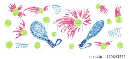 Padel tennis crayon textured set. Rackets and balls, net hand drawn doodle isolated on white background. Scribble sport equipment kids elements. Vector fitness and hobby illustration by pencil 130843233
