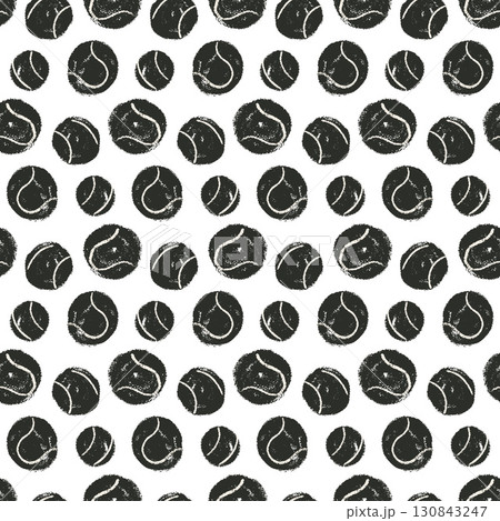 Paddle tennis balls black charcoal seamless pattern. Tennis ball shot endless background. Sport polka dots repeat cover. Surface pattern fitness motif. Vector hand drawn monochrome illustration 130843247