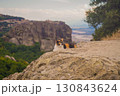 ギリシャ•メテオラ、世界遺産の絶景の岩の↑でおすわりする猫 ギリシャ•メテオラ、世界遺産の絶景の岩の↑でおすわりする猫 130843624