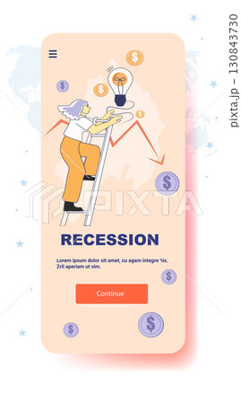 Recession economic crisis financial downturn woman climbs ladder to lightbulb over declining graph with dollar coins pastel background mobile app screen Recession economic crisis financial downturn woman climbs ladder to lightbulb over declining graph with dollar coins pastel background mobile app screen 130843730