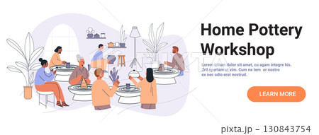 Home pottery workshop group creative activity people making ceramics on pottery wheels indoor plants cozy room pastel colors website banner Home pottery workshop group creative activity people making ceramics on pottery wheels indoor plants cozy room pastel colors website banner 130843754