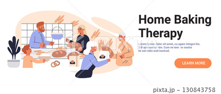 Home baking family kitchen cooking bread together group people enjoying homemade food wheat plants cozy interior flat design banner 130843758