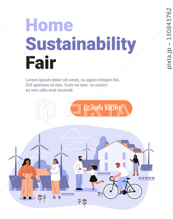 Home sustainability eco friendly living renewable energy people interacting wind turbines solar panels house cycling outdoor landscape website banner Home sustainability eco friendly living renewable energy people interacting wind turbines solar panels house cycling outdoor landscape website banner 130843762