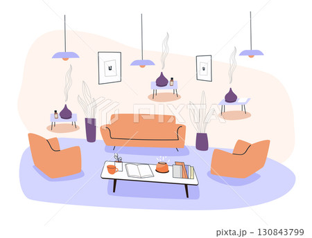 Living room interior modern cozy home decor aromatherapy diffusers plants orange furniture pastel colors minimalist style website banner Living room interior modern cozy home decor aromatherapy diffusers plants orange furniture pastel colors minimalist style website banner 130843799