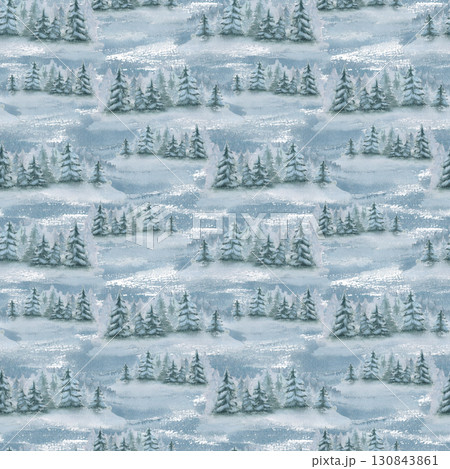 Misty pine repeated pattern monochrome watercolor. Evergreens under snow seamless background. Winter woodland hand painted repeat design for Christmas fabrics, wallpaper, and winter stationery. 130843861