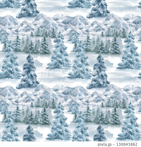 Snowy landscape watercolor seamless Pattern isolated. Endless design with evergreen trees, snowy peaks and forest hand drawn sketch. Monochrome winter forest on repeated background for textile. 130843862