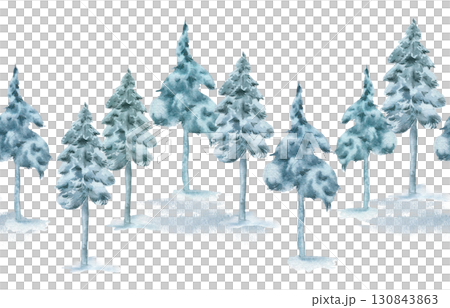 Snowy pine Christmas trees soft colors hand painted on seamless banner. Evergreen winter trees horizontal repeated border watercolor isolated. Continuous woodland pattern for seasonal fabric prints. 130843863
