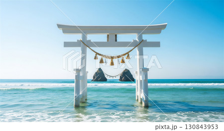 海に立つ白い鳥居と夫婦岩の風景 130843953
