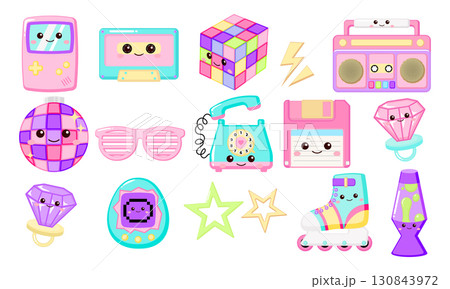 Cute nostalgia 90s aesthetic toys and technology clipart set in pastel neon color Cute nostalgia 90s aesthetic toys and technology clipart set in pastel neon color 130843972