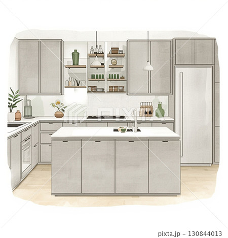 おしゃれなカウンター付きキッチンのインテリアデザイン 130844013