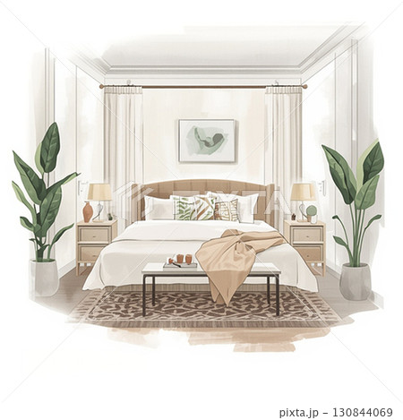 モデルルーム風のおしゃれなベッドと寝室インテリア 130844069