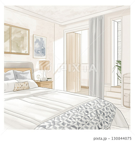 モデルルーム風のおしゃれなベッドと寝室インテリア 130844075