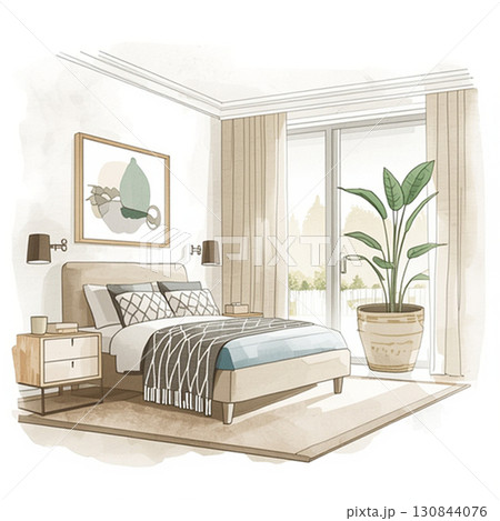 モデルルーム風のおしゃれなベッドと寝室インテリア 130844076