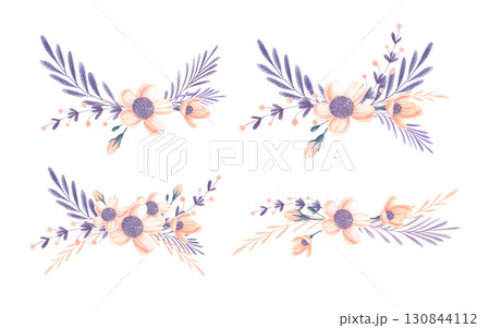 Watercolor floral arrangements with peach flowers and purple leaves Watercolor floral arrangements with peach flowers and purple leaves 130844112