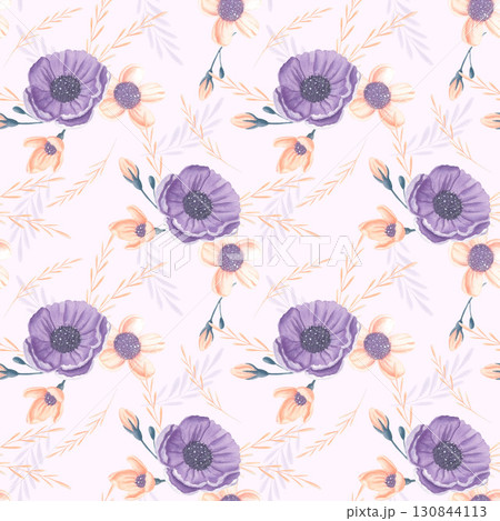 Watercolor seamless floral pattern with purple and peach flowers 130844113