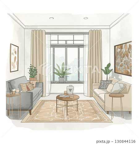 ソファでくつろぐ明るいリビング空間 130844116