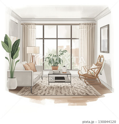 ソファでくつろぐ明るいリビング空間 130844120