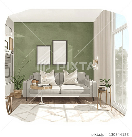 ソファでくつろぐ明るいリビング空間 130844128