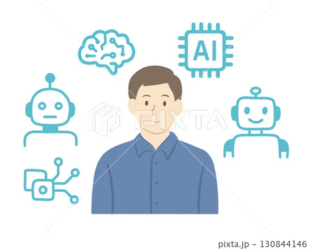 AIに囲まれている人のイラスト にこやかな顔 AIに囲まれている人のイラスト にこやかな顔 130844146