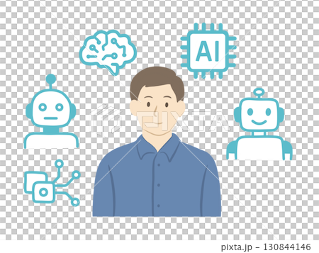 AIに囲まれている人のイラスト にこやかな顔 AIに囲まれている人のイラスト にこやかな顔 130844146