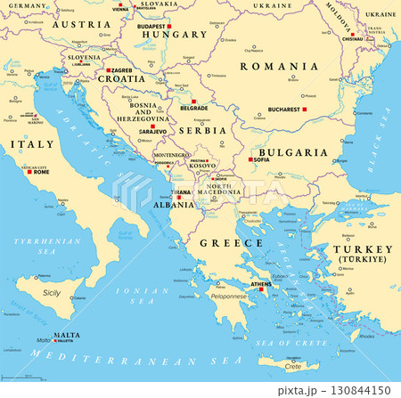 The Balkans, and the Balkan Peninsula, political map, with country borders, capitals, and largest cities. Geographical area in southeastern Europe, bordered by Adriatic, Ionian, Aegean, and Black Sea. 130844150