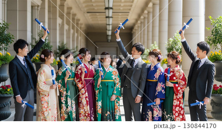 卒業証書を掲げて笑顔で喜ぶ学生たちの集合写真 130844170