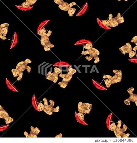 傘をさした可愛いクマのテキスタイルパターン, 130844396