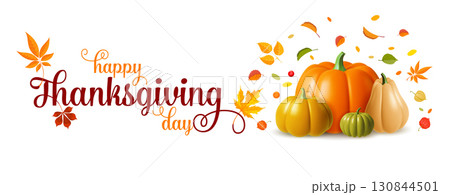 Happy Thanksgiving Lettering With Pumpkins And Fall Leaves Still Life 130844501