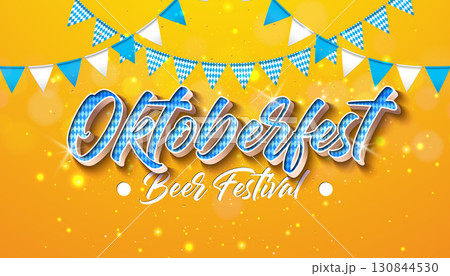 Oktoberfest Banner Illustration with Bavaria Flag Pattern Typography Lettering and Party Flag on Shiny Yellow Background. Vector Traditional German Beer Festival Design Template for Greeting Card, Web Oktoberfest Banner Illustration with Bavaria Flag Pattern Typography Lettering and Party Flag on Shiny Yellow Background. Vector Traditional German Beer Festival Design Template for Greeting Card, Web 130844530