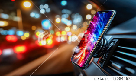 Smartphone mounted on a car dashboard displaying a glowing time-lapse of city lights at night 130844670