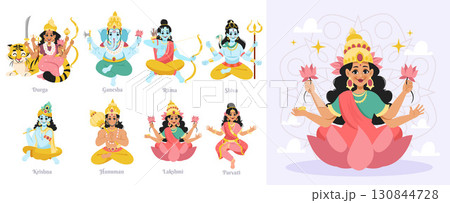Flat Hindu Gods Icons Set with illustration 130844728