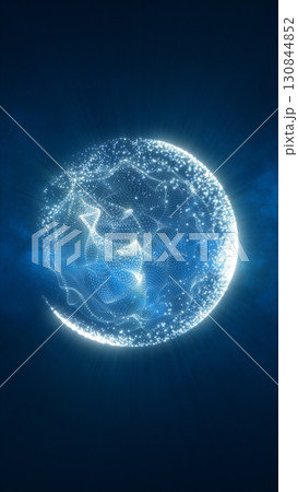 Bright white digital sphere composed of tiny glowing particles with a blue gradient background 130844852