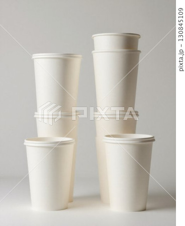 white disposable cups on a white background 130845109