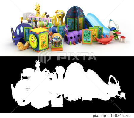 Large set of goods for kids childrens furniture and toys 3d render on white with alpha 130845160
