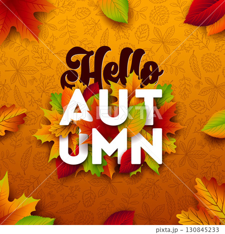 Hello Autumn Banner Illustration with Falling Leaves and Typography Lettering on Orange Hand Drawn Doodles Background. Colorful Vintage Autumnal Fall Vector Design for Seasonal Greeting Card, Party 130845233