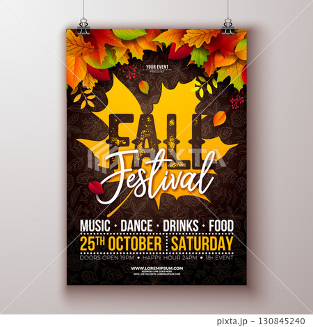 Autumn Fall Festival Party Flyer Illustration with Falling Leaves and Typography Lettering on Hand Drawn Doodle Background. Vector Colorful Autumnal Design for Celebration Flyer, Banner, Invitation or 130845240