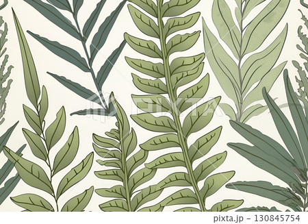 Various green fern leaves overlap on a cream colored background forming a natural botanical pattern 130845754