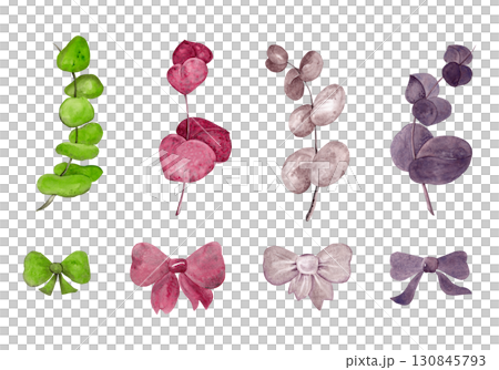 Four types of eucalyptus and bows: light green, ruby, brown and purple. A large set for your design. Watercolor elements Four types of eucalyptus and bows: light green, ruby, brown and purple. A large set for your design. Watercolor elements 130845793