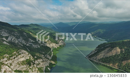 Aerial view on Danube river and mountains Aerial view on Danube river and mountains 130845833