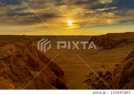 Bayanzag flaming cliffs at sunset in Mongolia 130845865