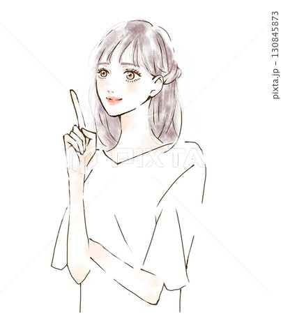 指をさしながら説明している女性の手描きイラスト　水彩風 130845873
